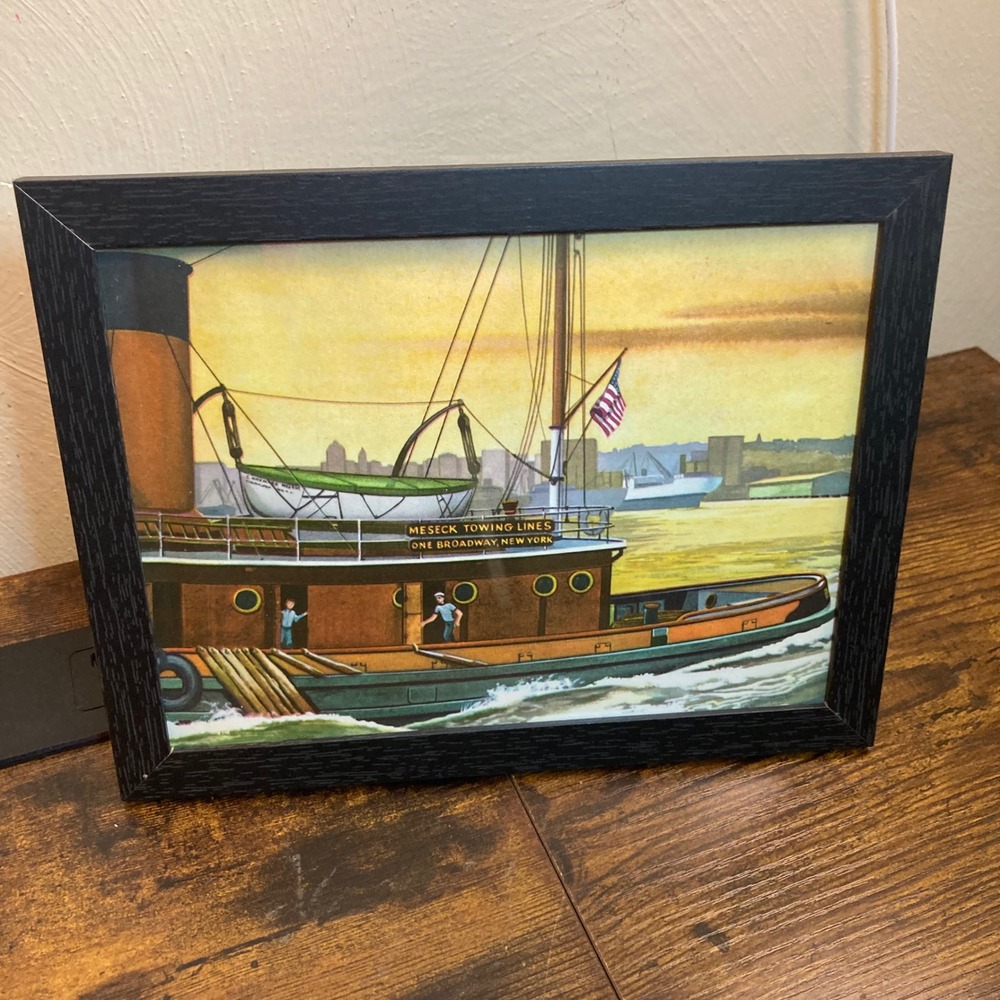 Vintage Nautical Tugboat Art New York Harbor Hudson River Maritime Framed Print